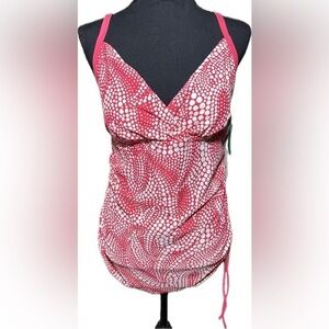 Catalina "Suddenly Slim" Tankini Top~Red Polka Dot~Ruched Sides size Large NWT